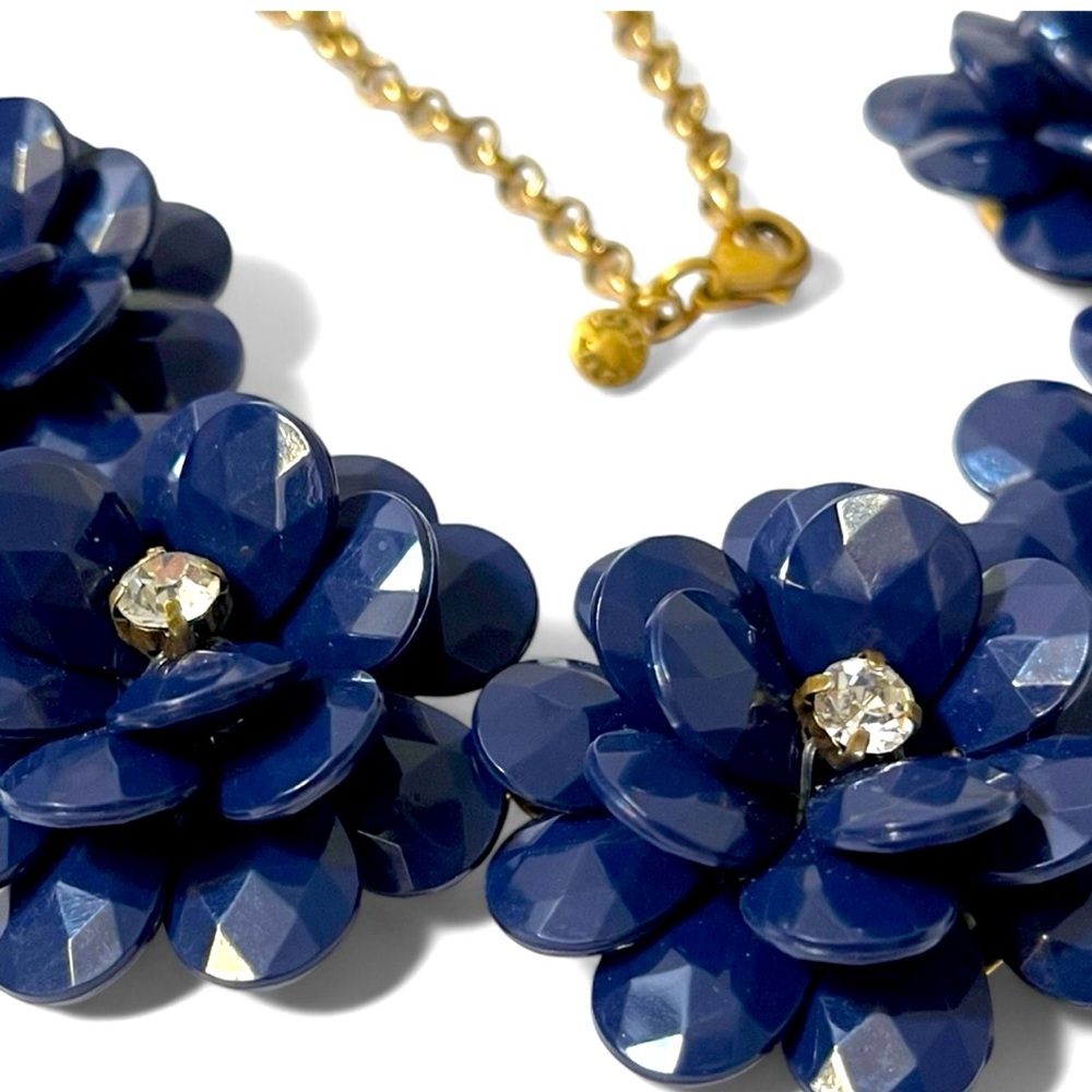 J.Crew crystal navy blue acrylic flower statement gold-necklace. J.Crew necklace